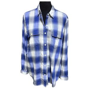 GAP Women's Boyfriend Fit Plaid Flannel‎ Button Down Shirt Large Blue 100%Cotton